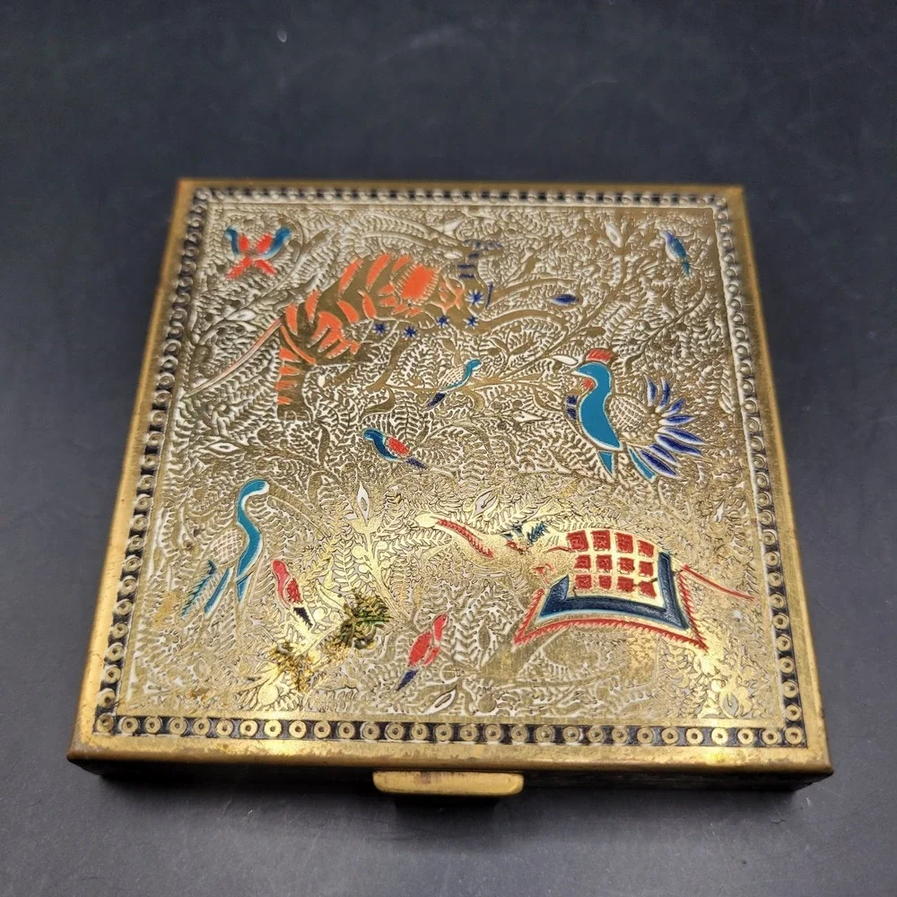Vtg Volupte Compact Persian Brass Tiger Crane Phoenix Birds Enamel Deco Retro